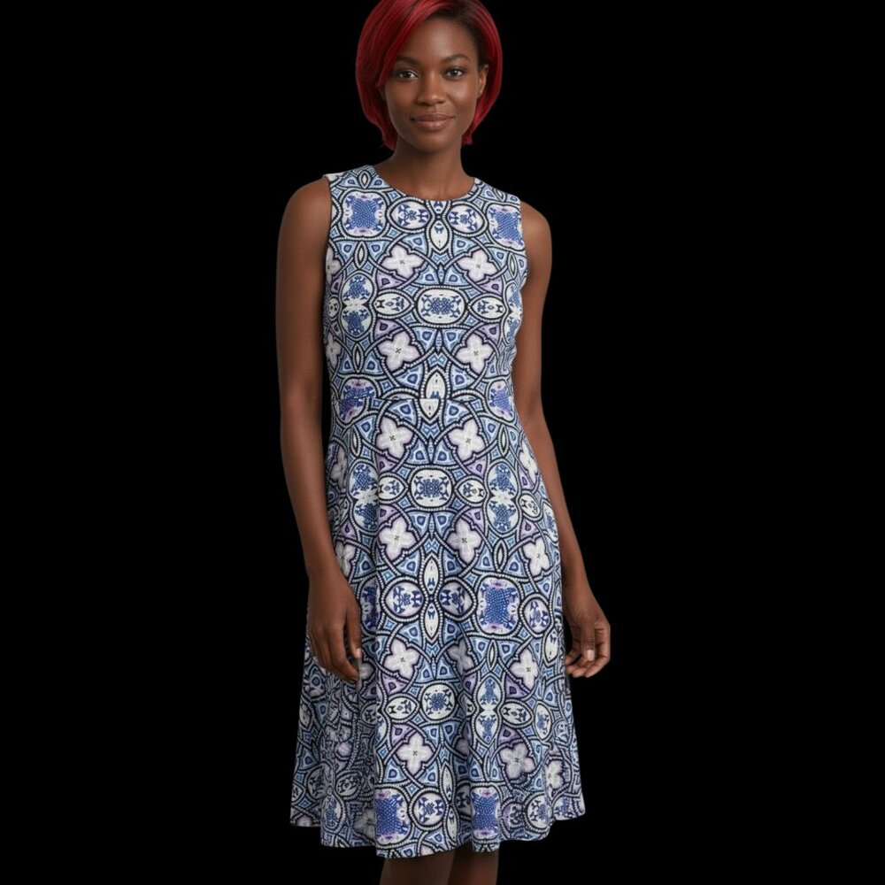 Talbots Petite Size 2 Fit and Flare dress. Round neck, Sleeveless. Blue/purple